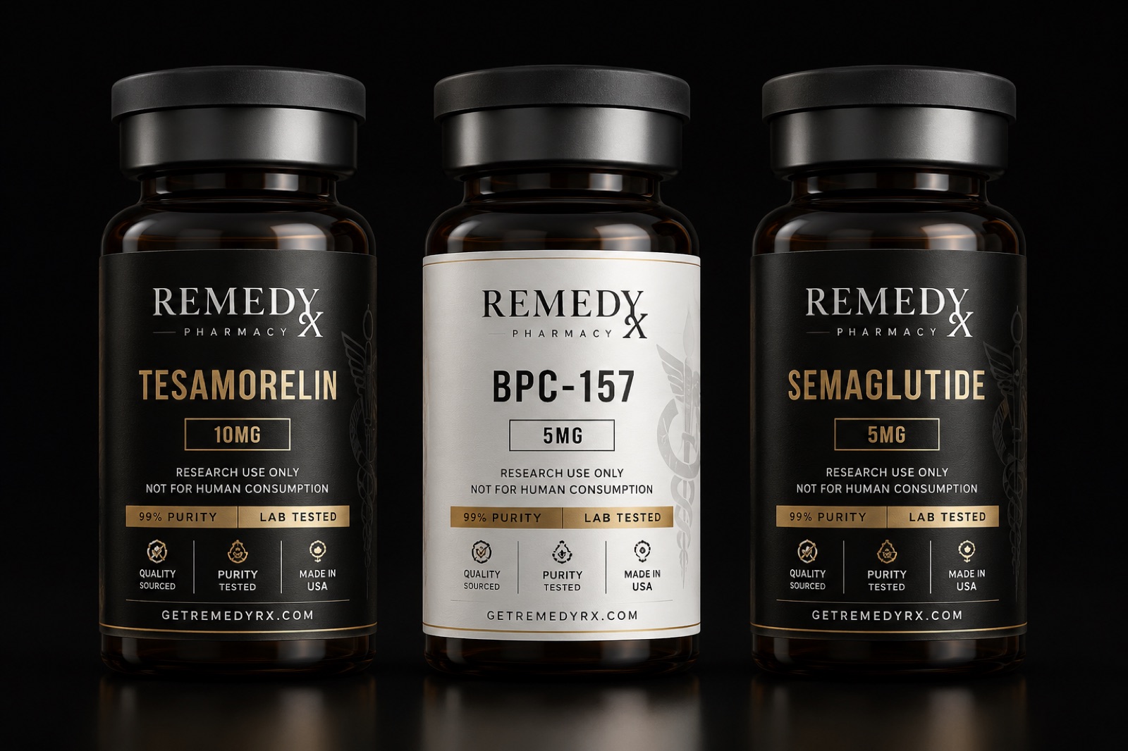 Remedy Rx research peptide vials — Tesamorelin 10mg, BPC-157 5mg, and Semaglutide 5mg, labeled for research use only